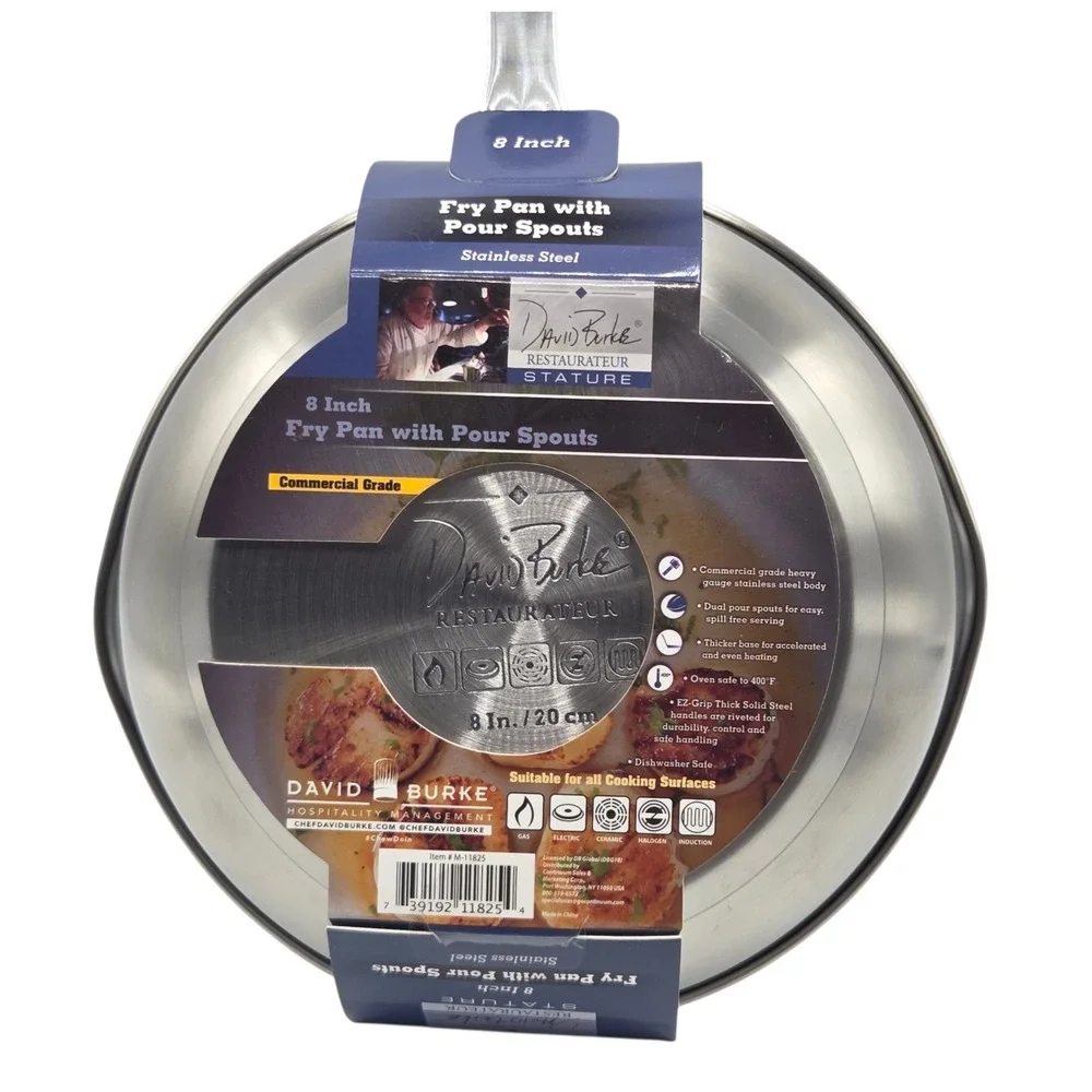 David Burke 8in Heavy Stainless Steel Frying Pan Pour Spouts Induction Cookware